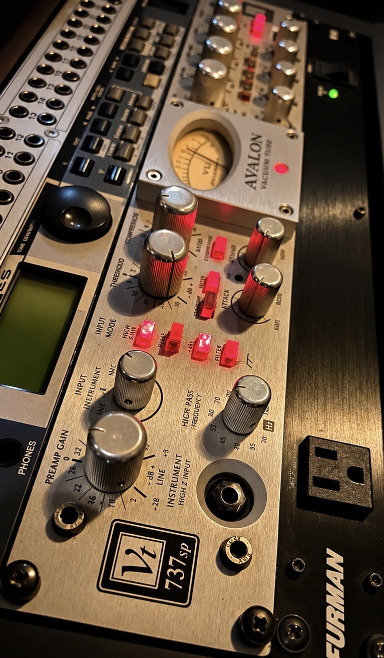 Close-up of the studio’s Avalon VT-737SP channel strip